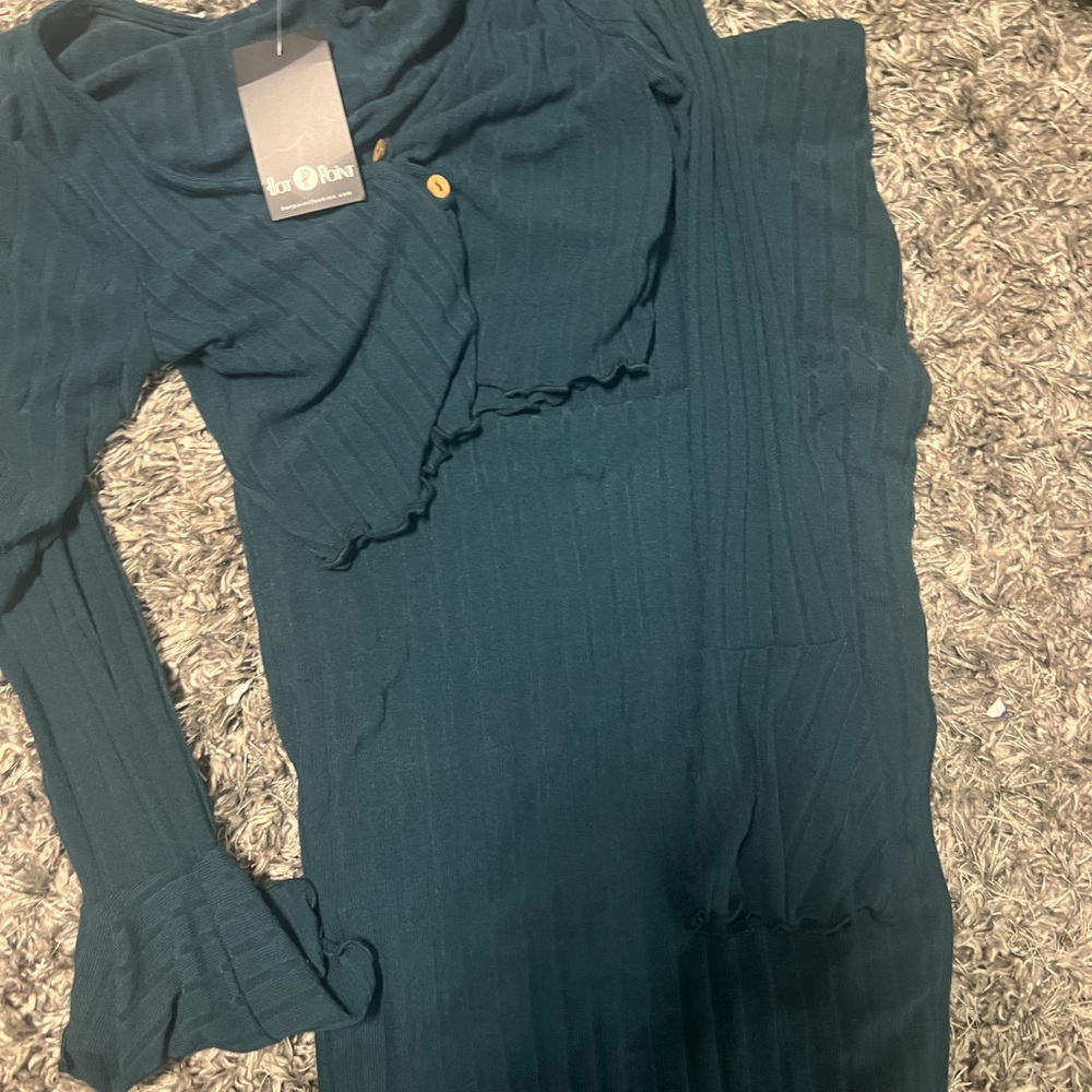 Teal Button-Up Ribbed Crop Top and skirt set